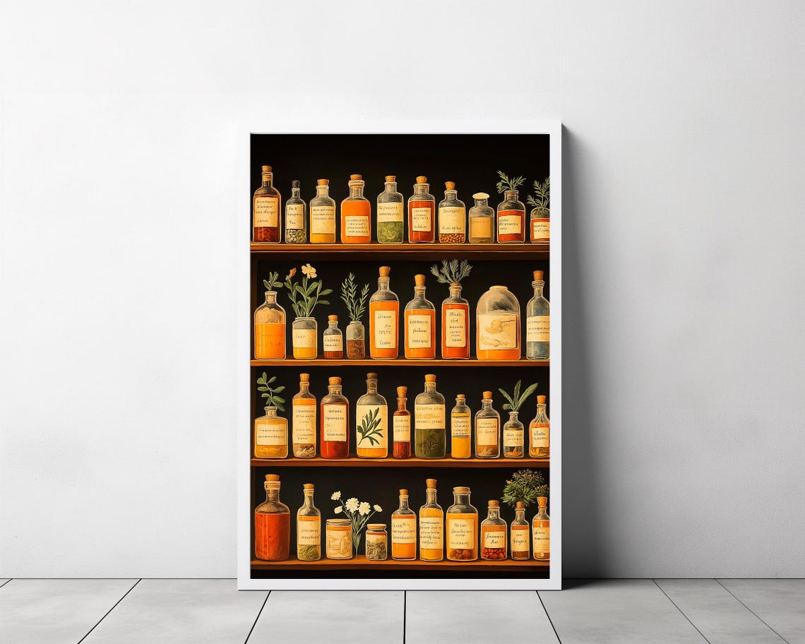 Vintage Apothecary Herb Bottles on Dark Wooden Shelves Poster - Image 3