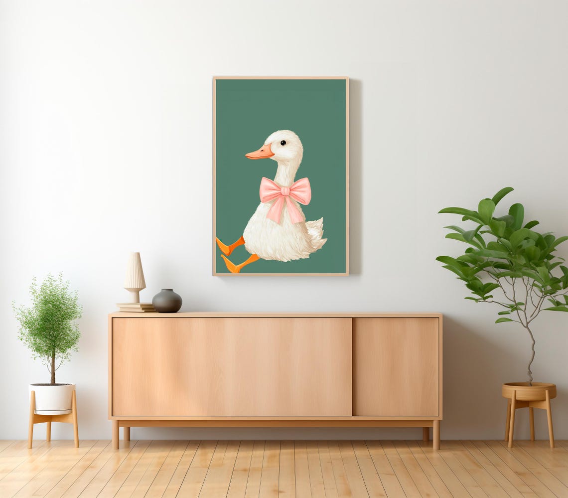 Cute Fluffy Duck With Big Pink Bow Running on Dark Green Poster - Image 2