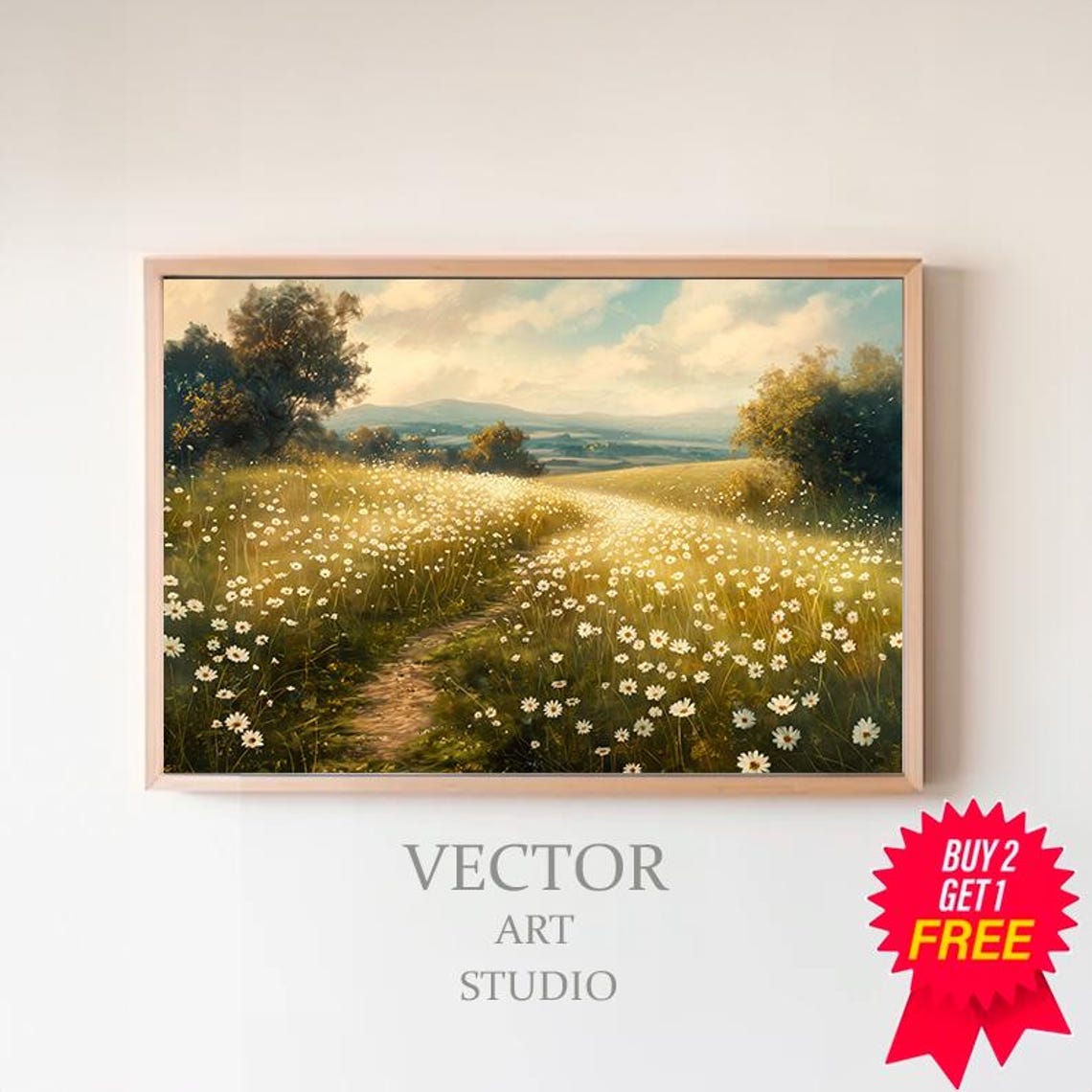 Golden Daisy Meadow With Winding Path At Sunset Vintage Poster