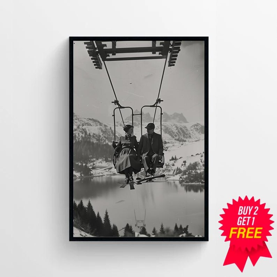 Vintage Couple Riding a Ski Lift Mountain Winter Photo Poster - Image 4