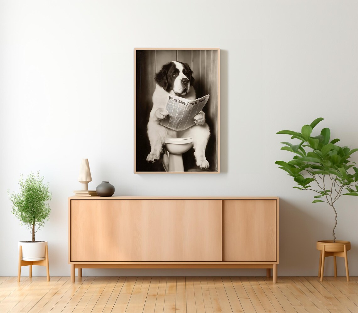 Saint Bernard Puppy On Toilet Reading Newspaper Sepia Photo Poster - Image 2