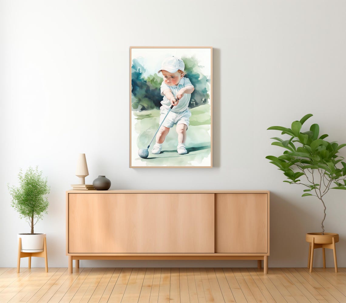 Toddler Golfer in White Lining Up a Putt on the Green Poster - Image 2