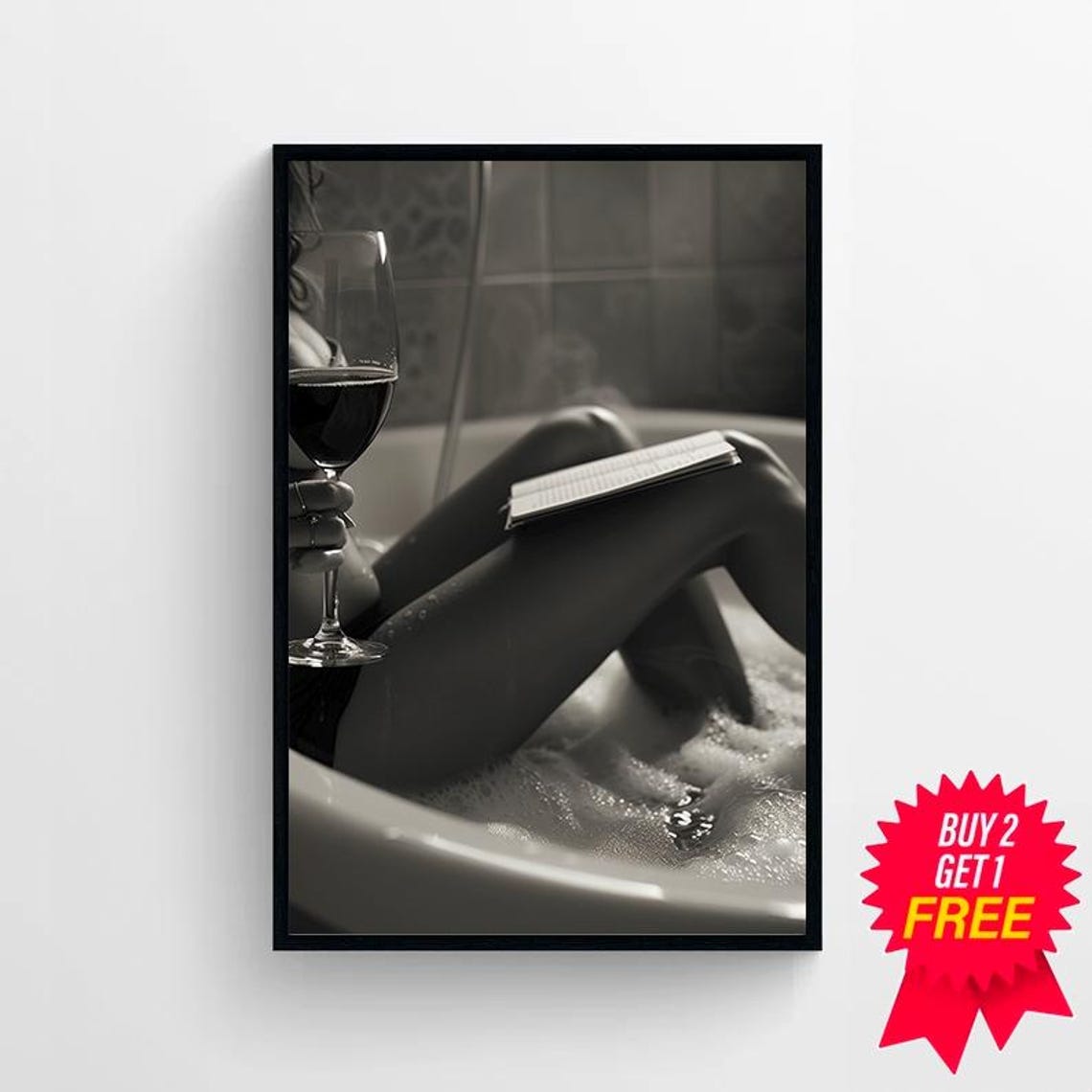 Woman with Wine Glass Reading in Bathtub Black and White Art Print - Image 4