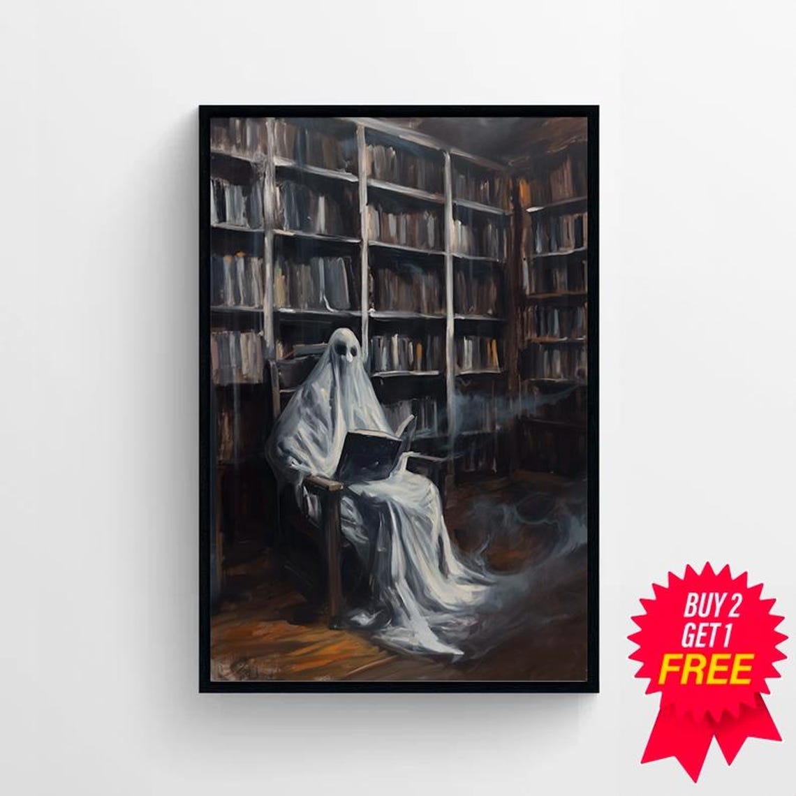 Wispy Ghost Reading In Armchair Deep In Dark Library Halloween Poster - Image 4