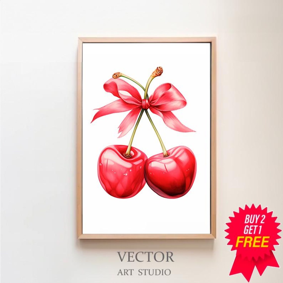 Cherry Wall Art Print Feminine Poster Trendy Wall Art Coquette Pink Bow Soft Girl Bedroom Decor Preppy College Apartment Print