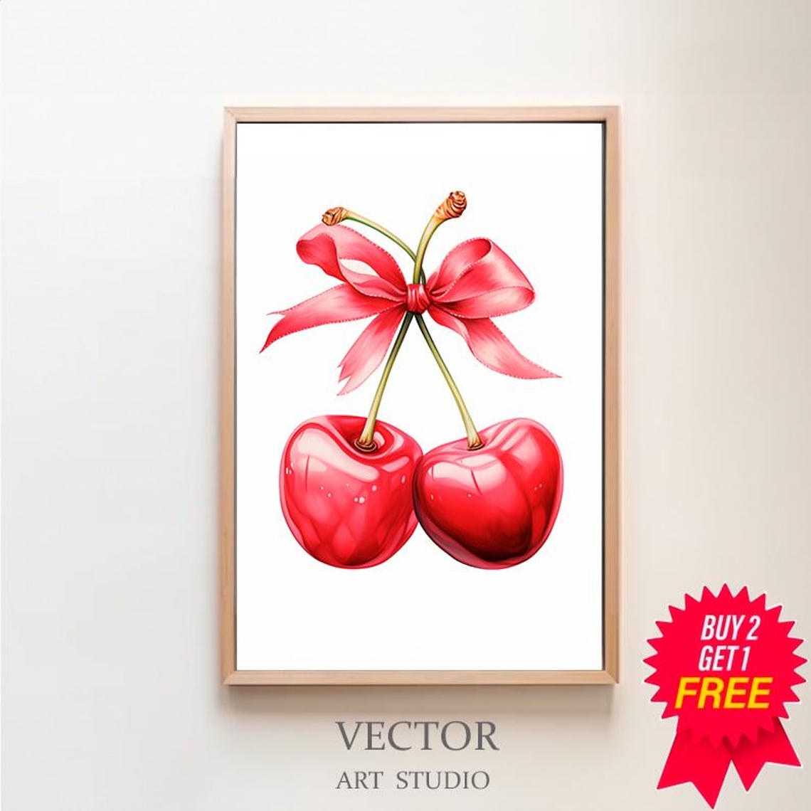 Glossy Red Cherries with Pink Bow Stems Preppy Kitchen Poster