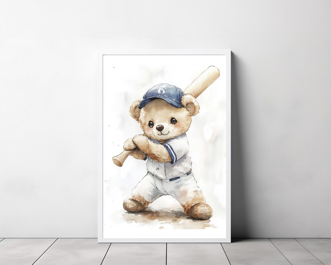 Teddy Bear Baseball Player Watercolor Cute Nursery Sports Poster - Image 3