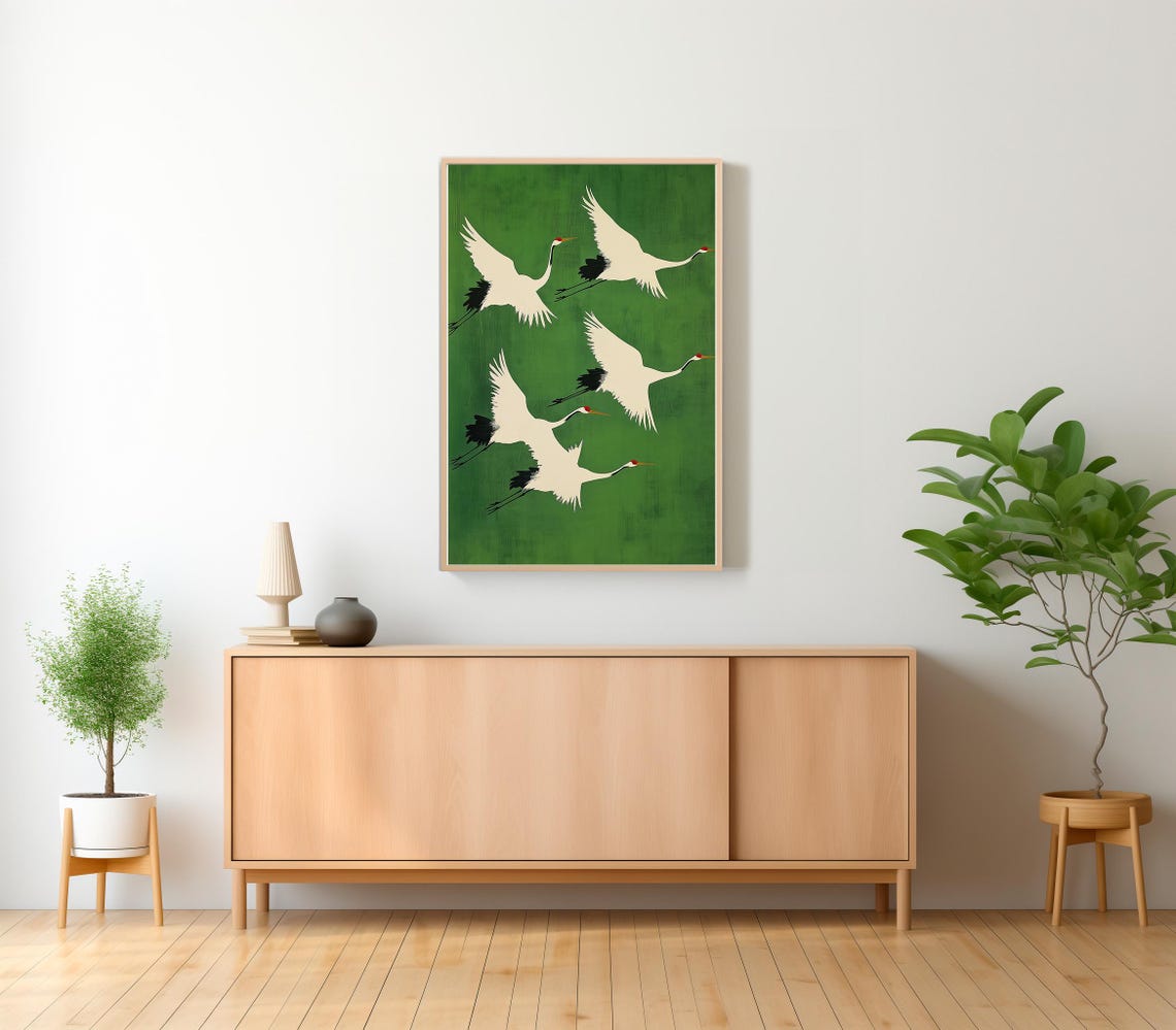 Four Japanese Red-Crowned Cranes in Flight on Emerald Poster - Image 2