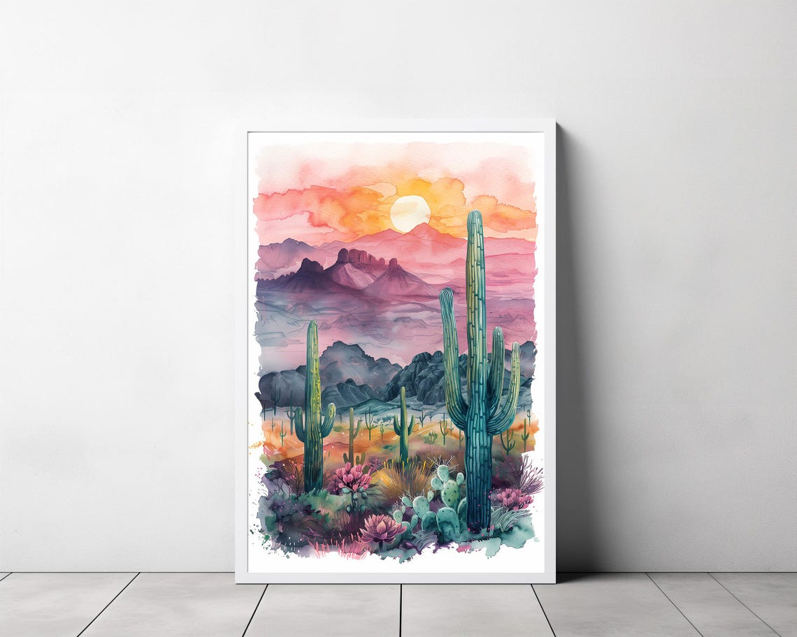 Sonoran Desert Sunset Saguaro Cactus Pink Sky Watercolor Art Poster - Image 3