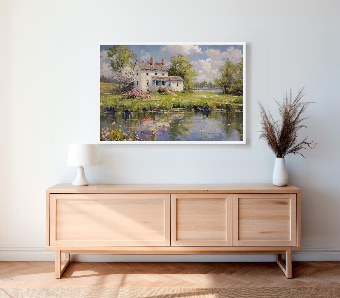 White Cottage By The Pond Spring Garden Flowers Oil Painting Poster - Image 2