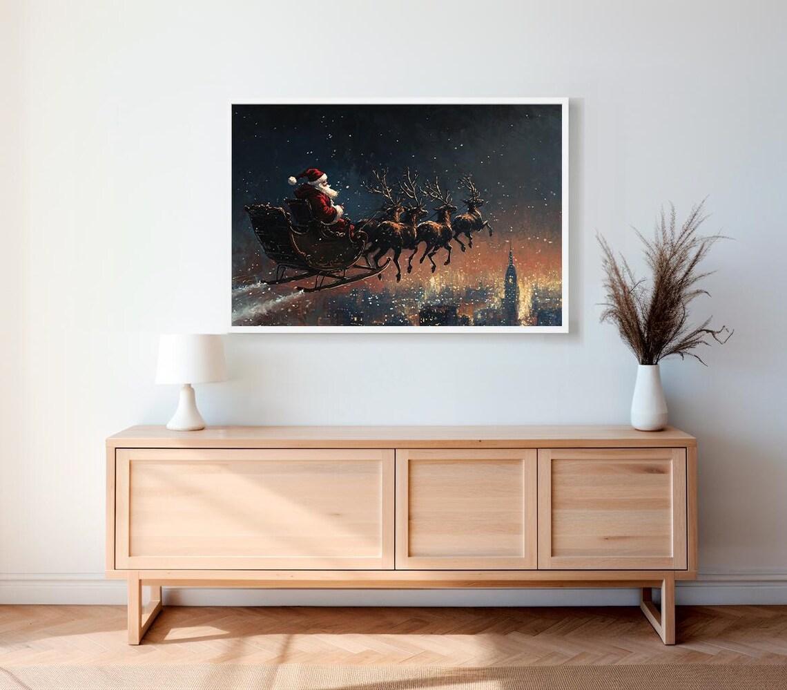 Santa Sleigh Over Snowy City At Dusk Vintage Christmas Poster - Image 2