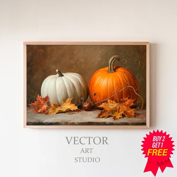 White And Orange Pumpkin With Curly Vines And Leaves Fall Poster