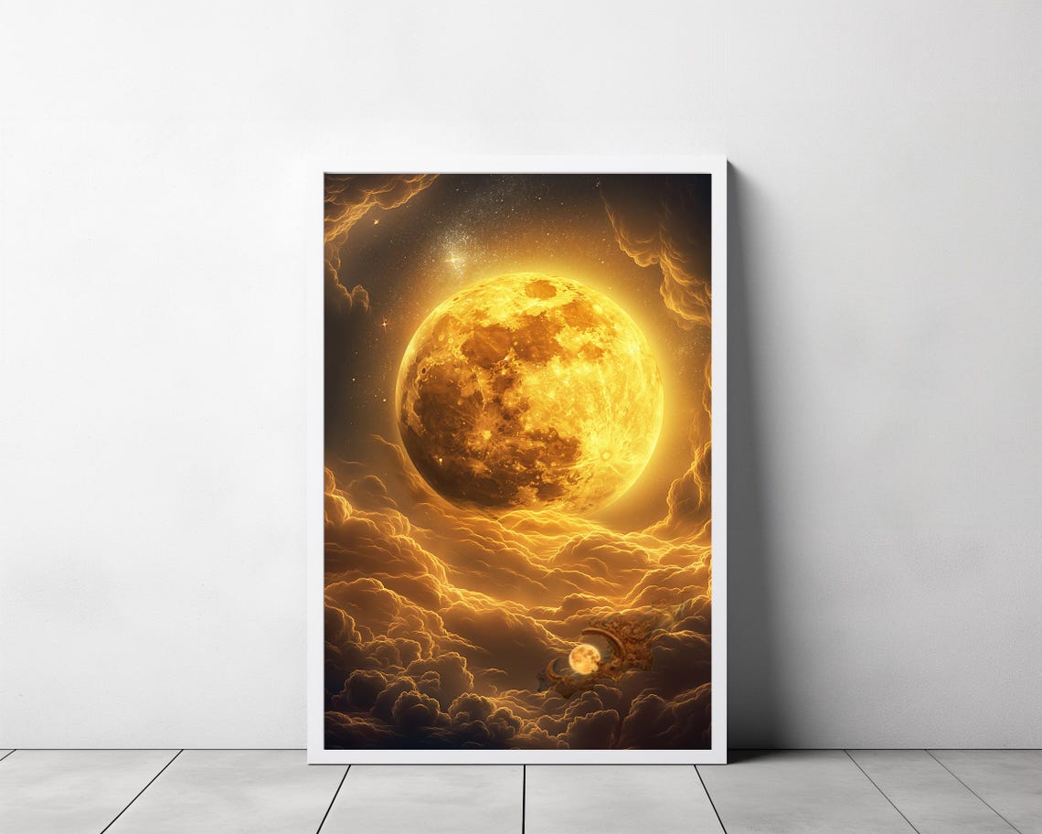 Enchanting Celestial Gold Moon Art Print Vintage Inspired Dark Academia Dark Cottagecore Night Sky Painting - Image 3
