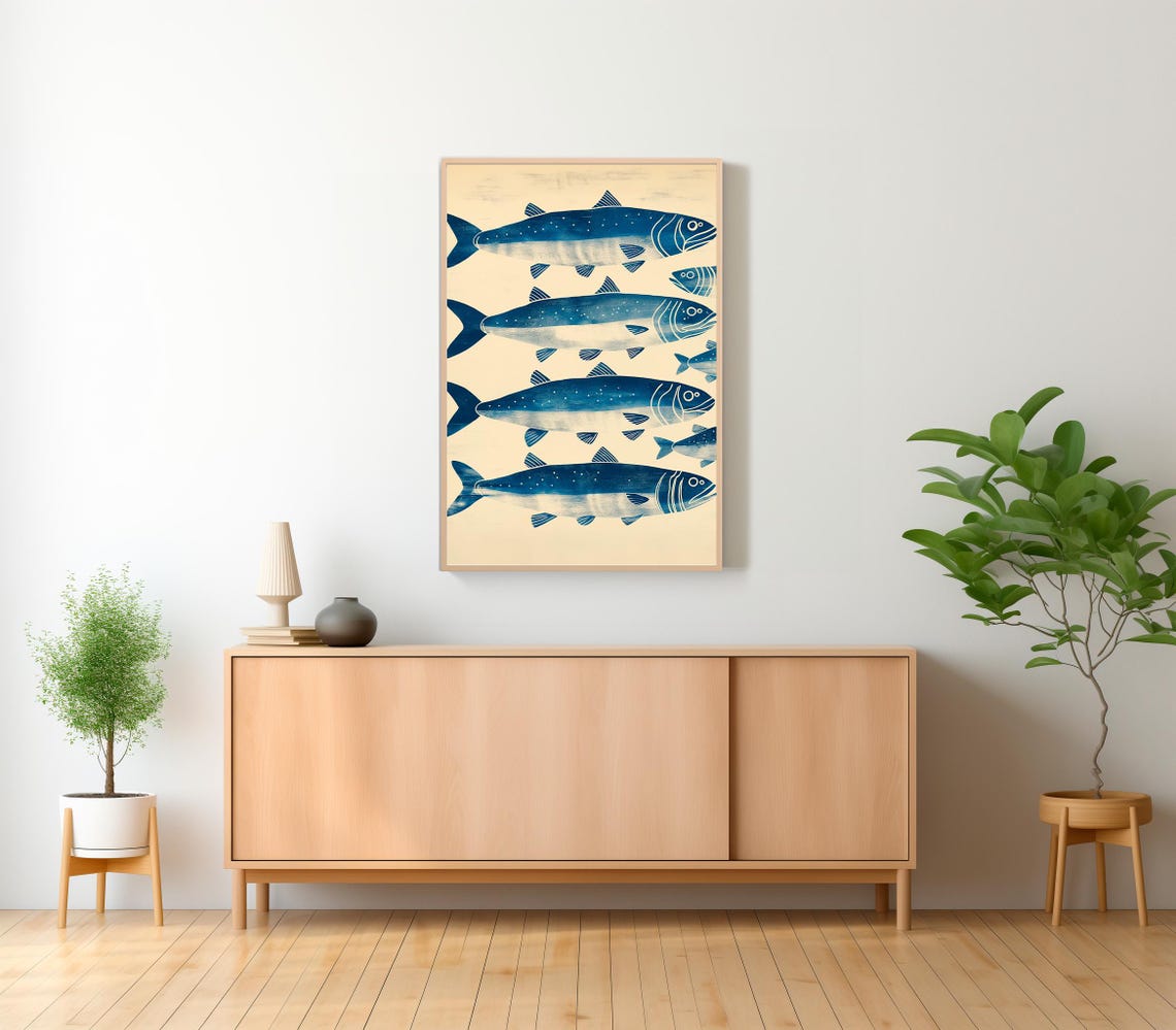 Blue Sardine School Woodblock Style Retro Fish Kitchen Art Poster - Image 2