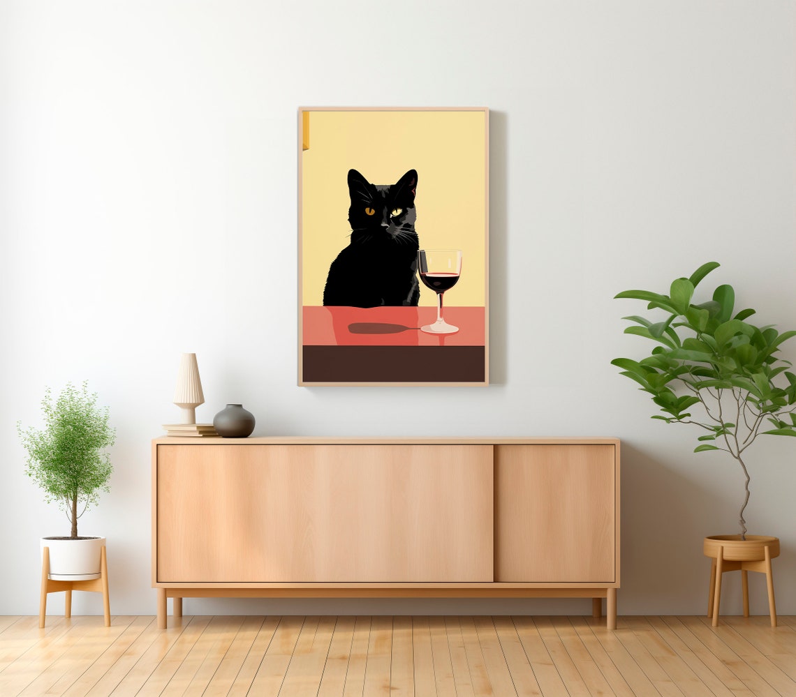 Sleek Black Cat Enjoying a Glass of Red Wine at a Table Poster - Image 2