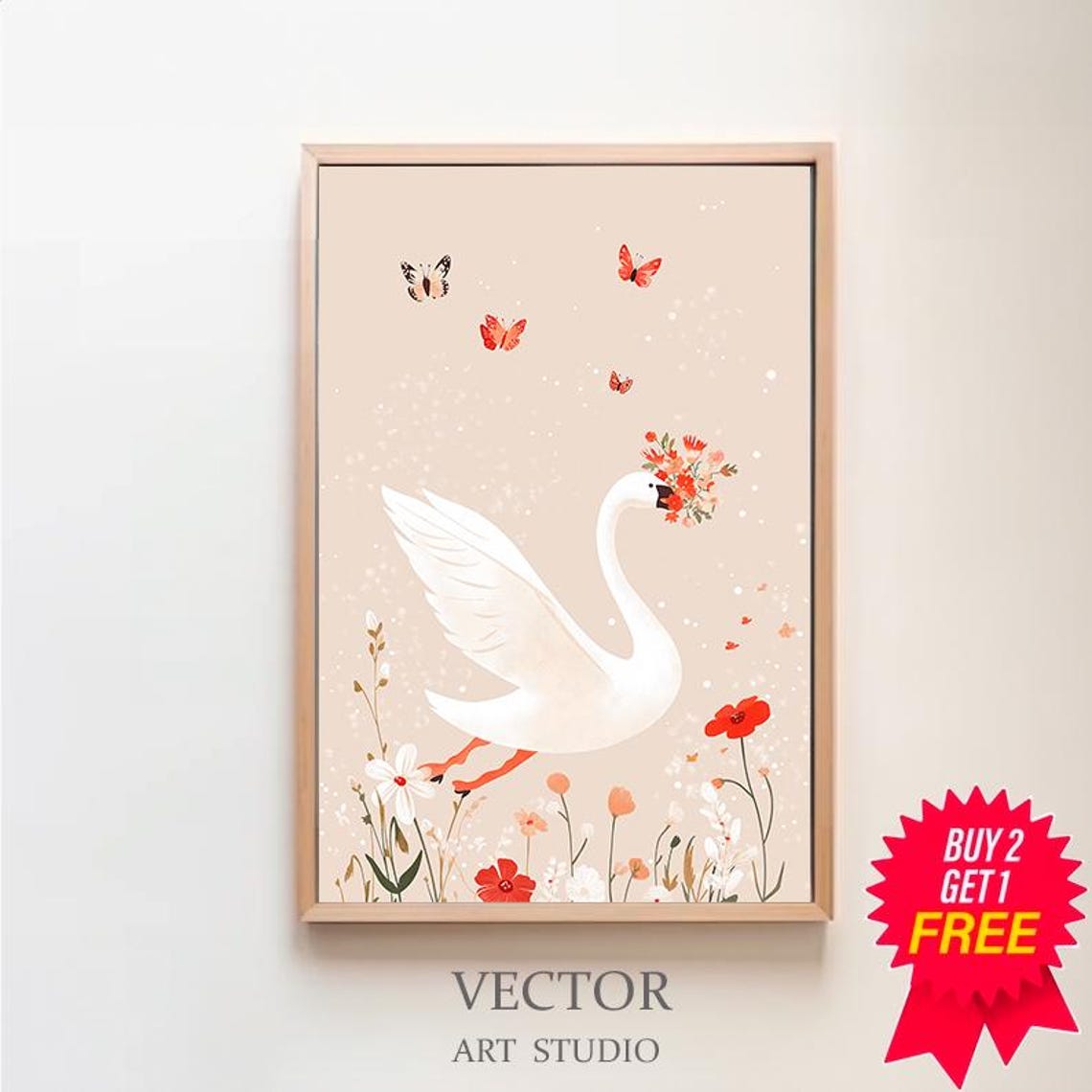Silly Goose Wall Art Kids Room Print Cute Goose Poster Girl Nursery Decor Beige Farm Animal Girls Room Poster Butterfly Wall Art