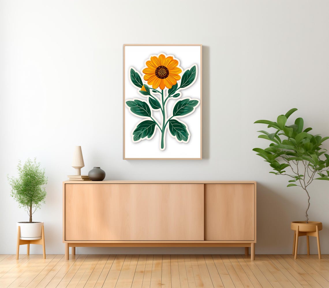 Yellow Sunflower in Sticker Style Minimal Botanical Art Poster - Image 2