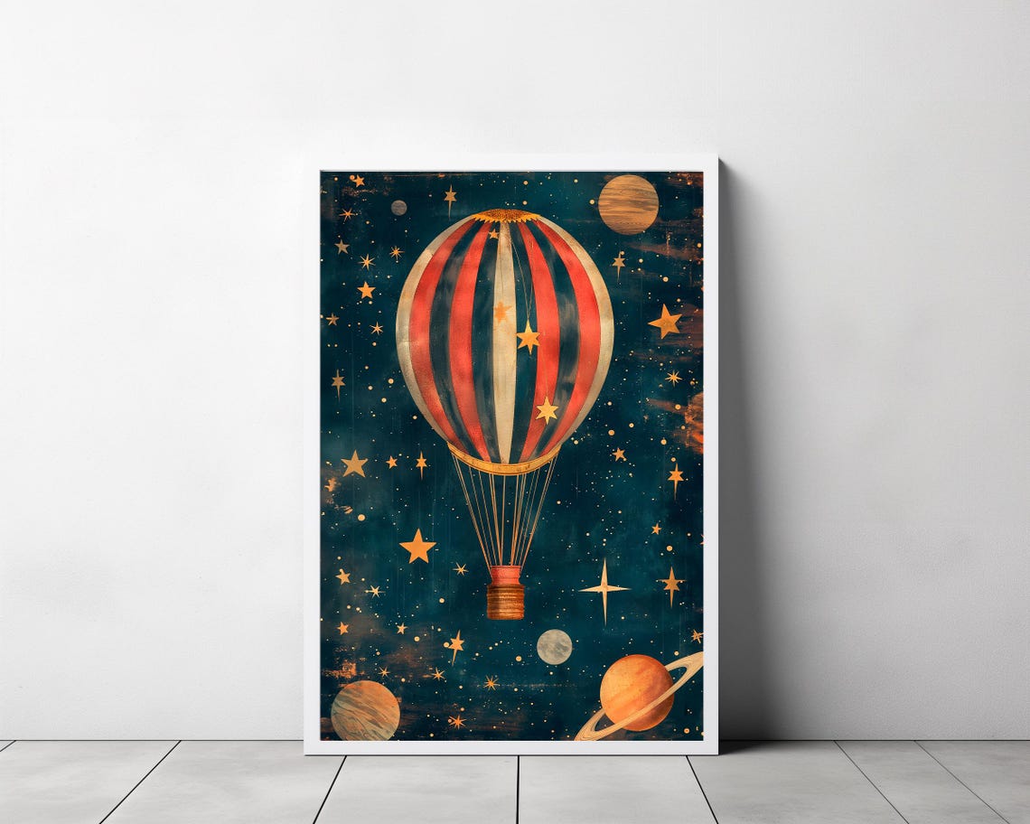 Red Striped Hot Air Balloon Moonlit Sky Vintage Nursery Poster - Image 3