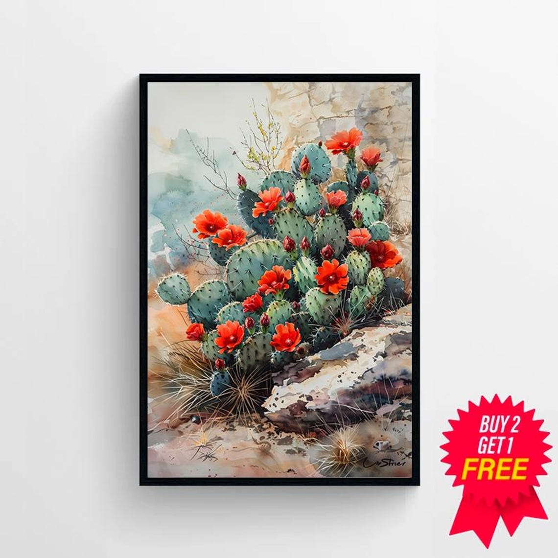 Red Blooming Prickly Pear Cactus by Rocky Cliff Watercolor Poster - Image 4