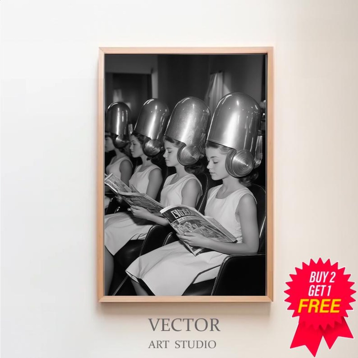Ladies Under Vintage Salon Hair Dryers Black and White Photo Print