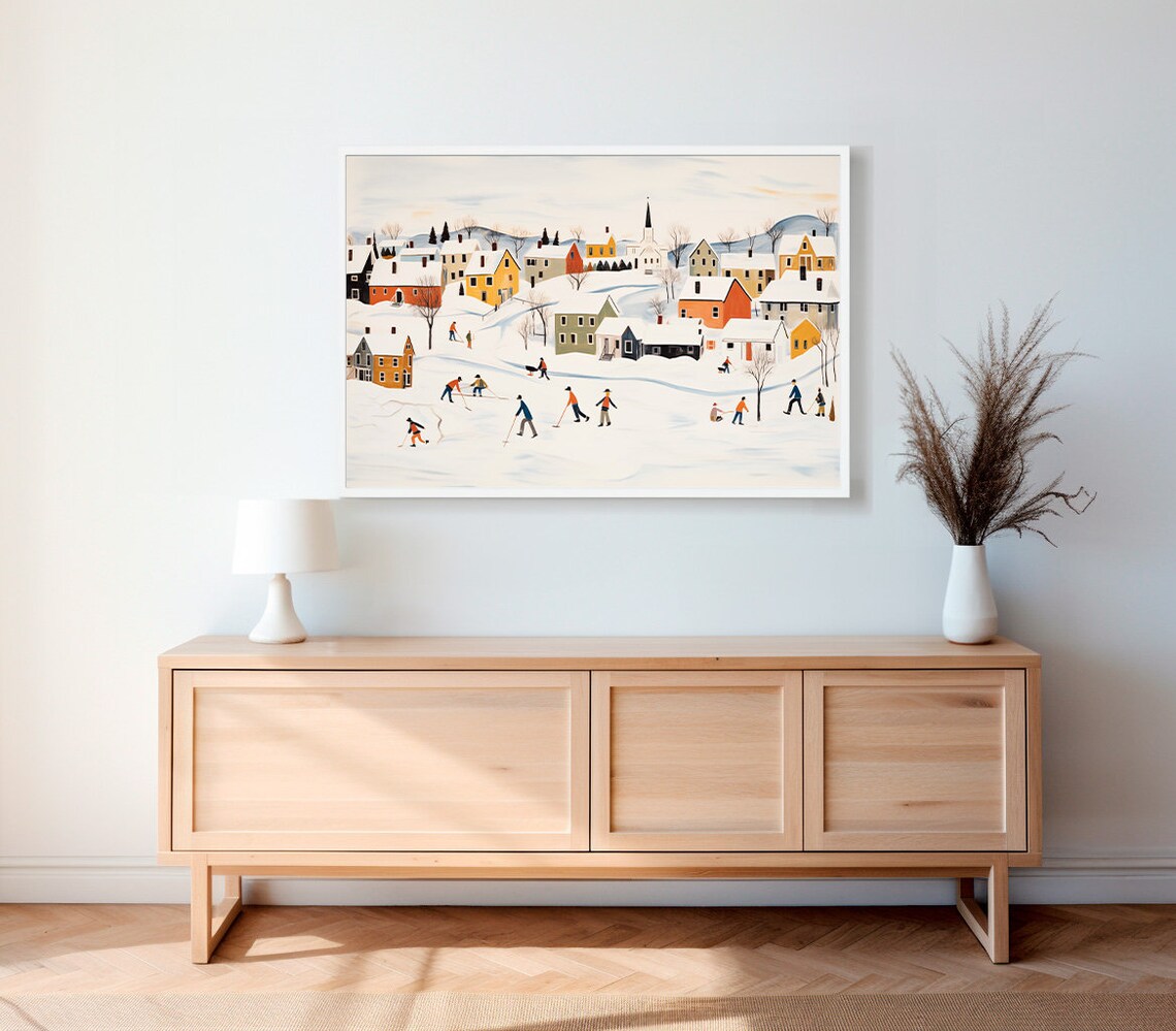 Snowy Village Pond Hockey Game Folk Art Vintage Winter Painting Poster - Image 2
