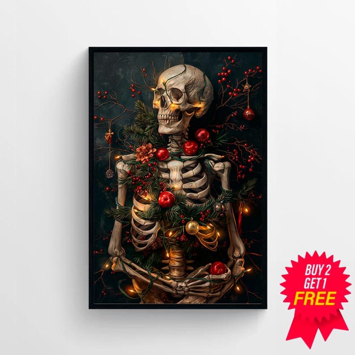 Festive Skeleton With Red Berries Ornaments Dark Christmas Art Poster - Image 4
