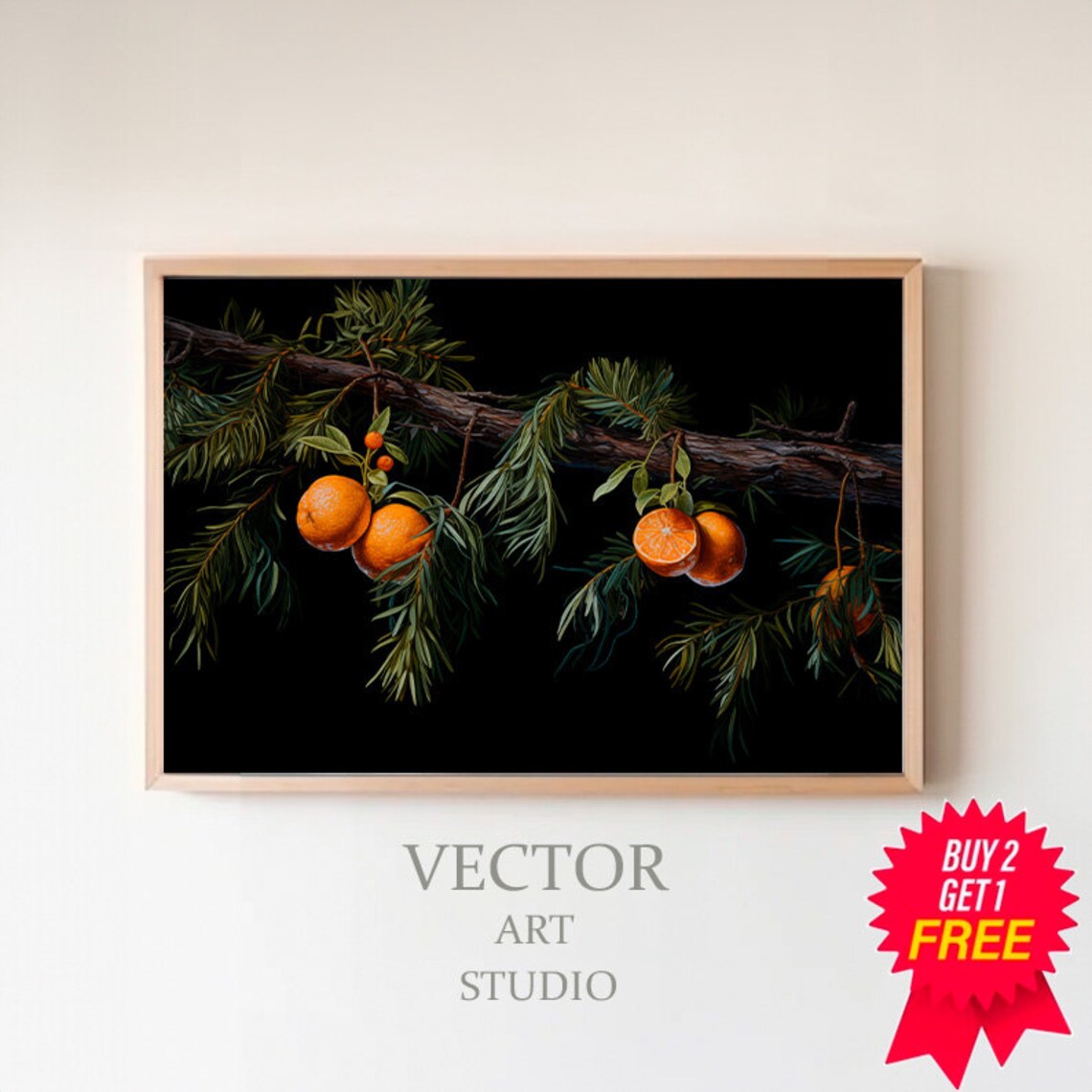 Oranges Hanging from Pine Branch on Black Christmas Citrus Art Poster