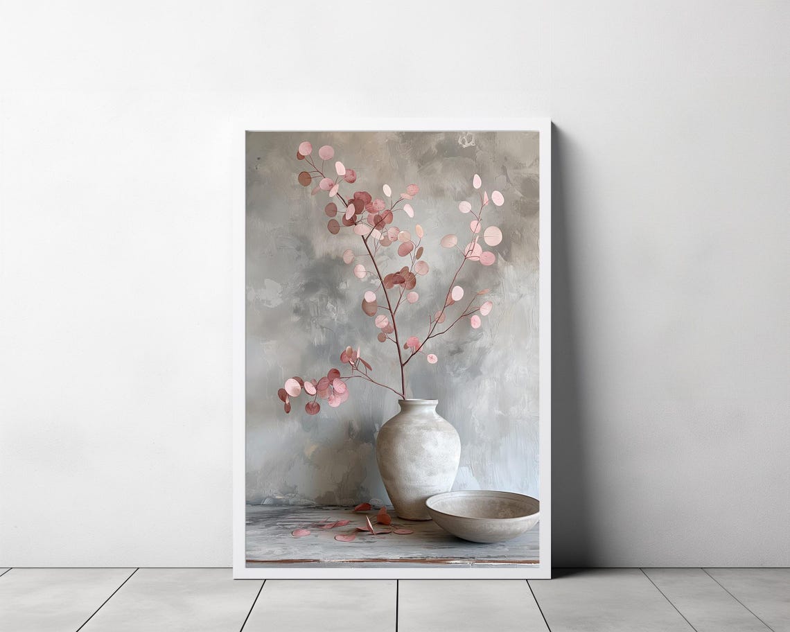 Blush Pink Eucalyptus Branches in Tall White Vase Serene Art Print - Image 3