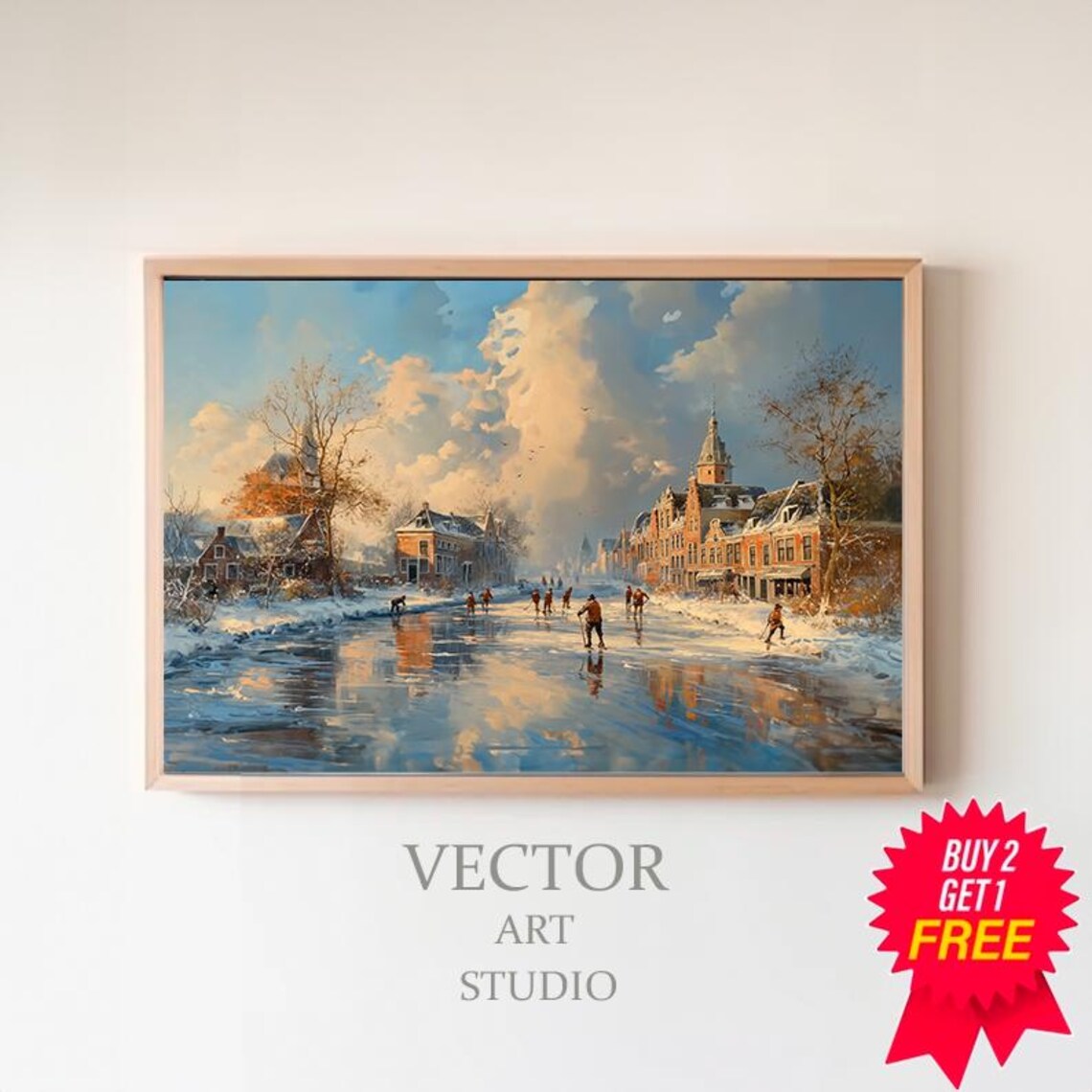 Dutch Canal Ice Skaters Winter Village Town Street Scene Poster