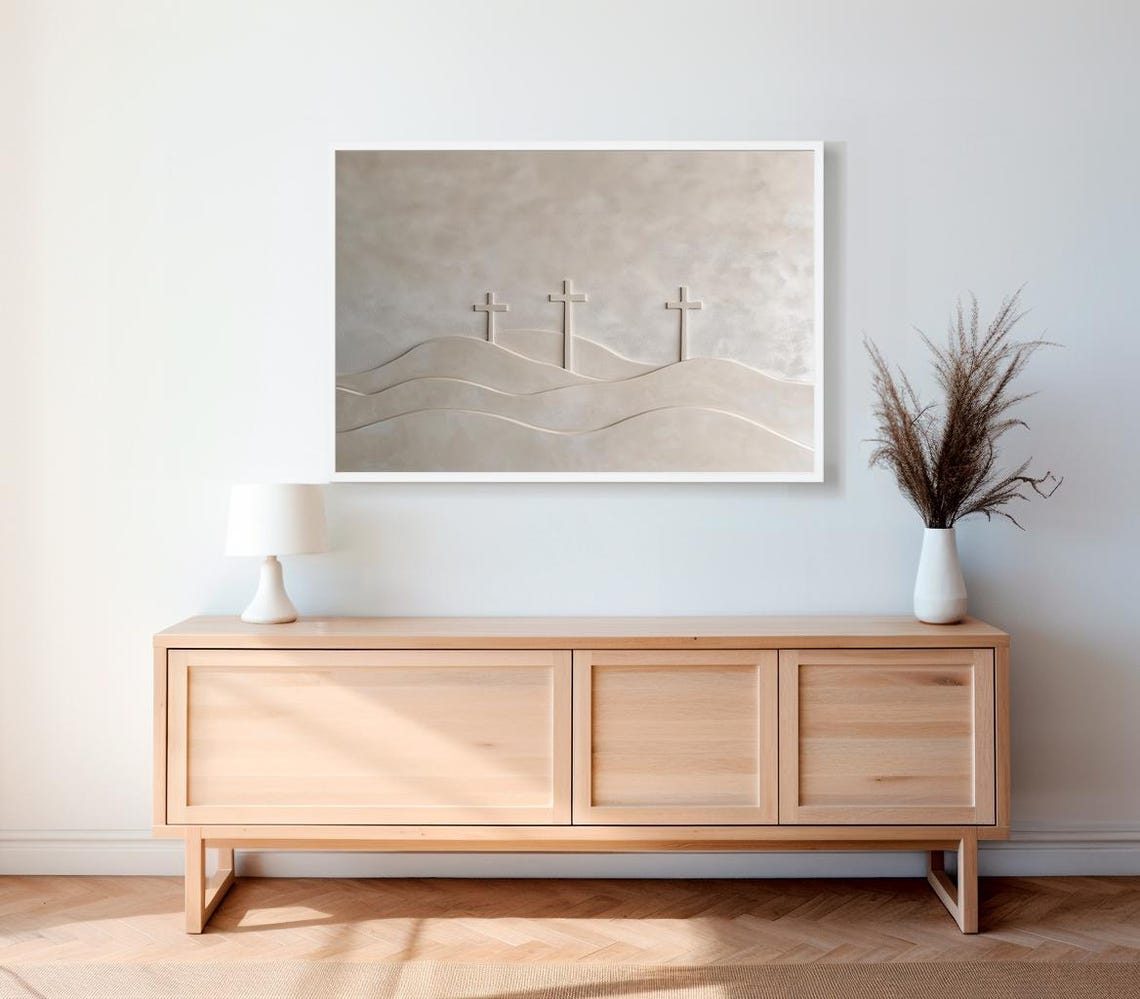 Three Crosses on a Hill Minimalist Christian Easter Art Poster - Image 2
