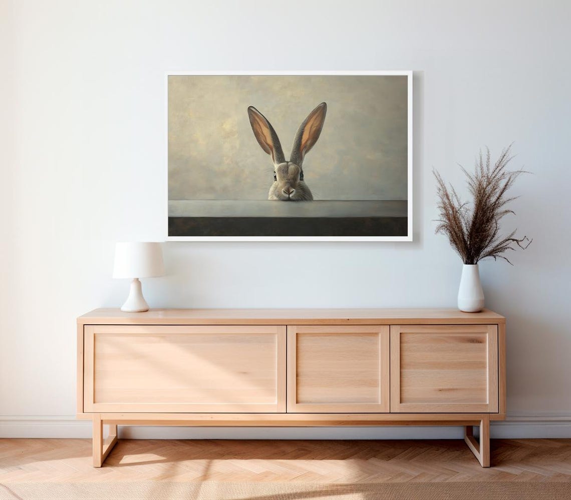 Curious Bunny Peeking Over a Dark Ledge Moody Animal Painting Poster - Image 2
