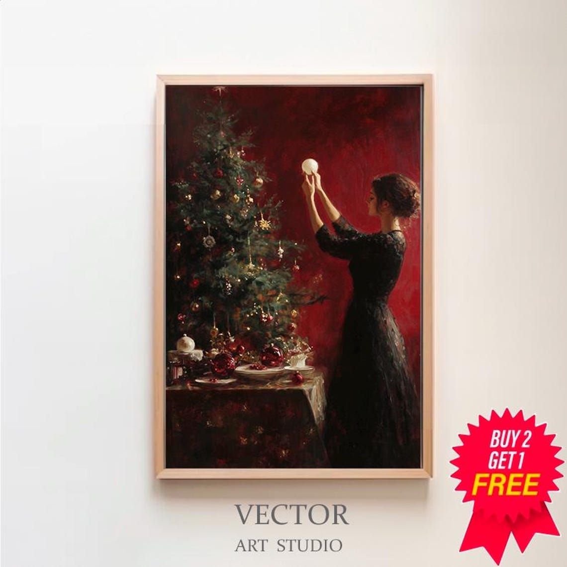 Victorian Woman Decorating Christmas Tree On Crimson Wall Poster