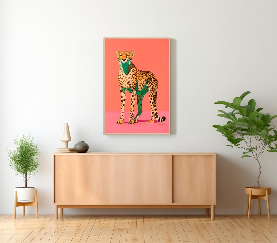 Pop Art Cheetah Standing Tall On Coral Pink Background Poster - Image 2