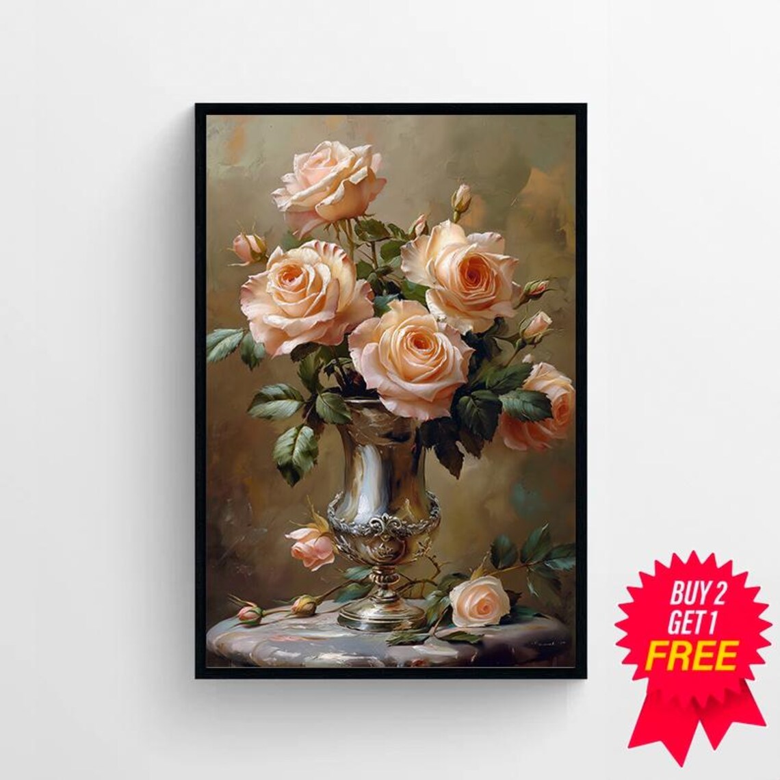 Peach Roses in Silver Vase Vintage Still Life Floral Fine Art Poster - Image 4