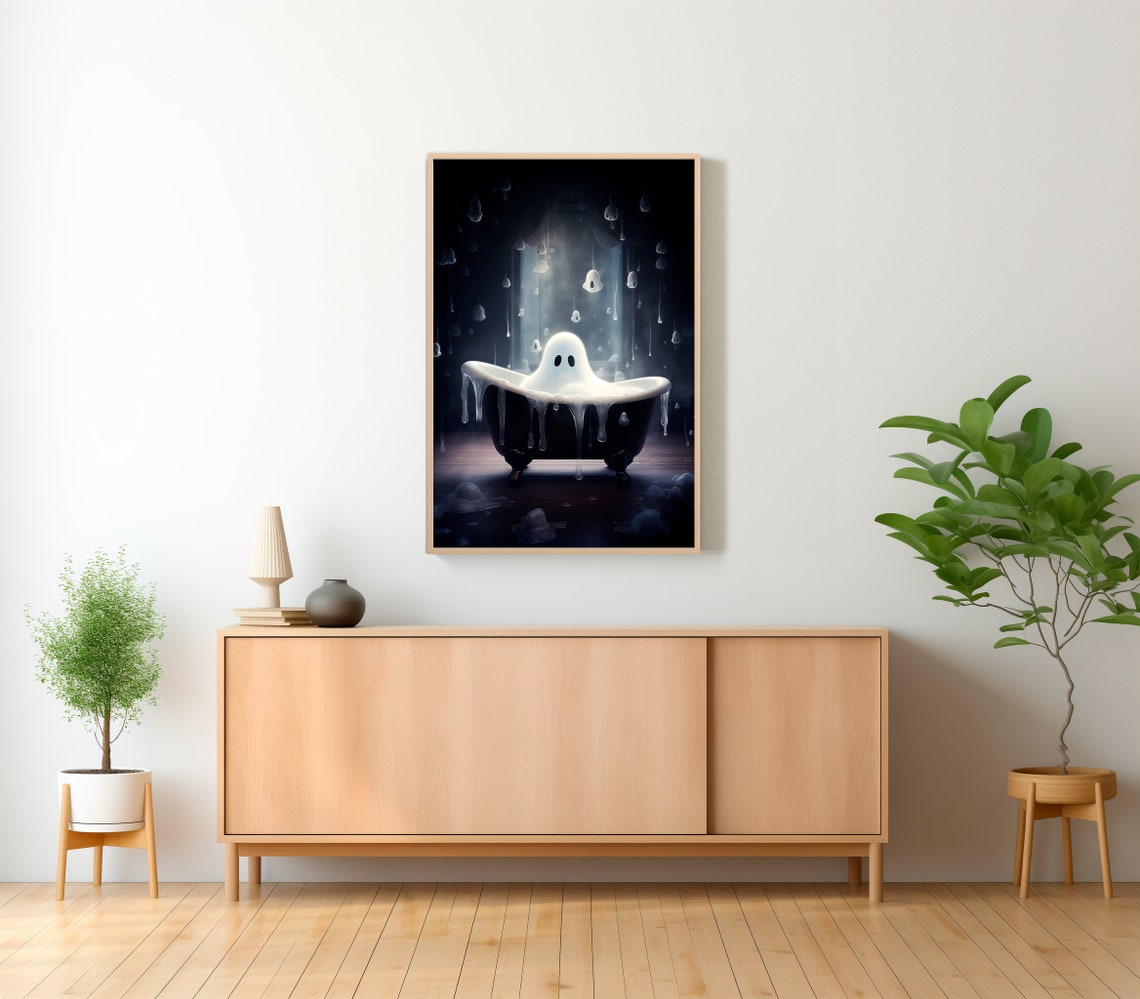Cute Ghost in a Foam-Filled Black Tub Beneath Falling Moonlight Poster - Image 2