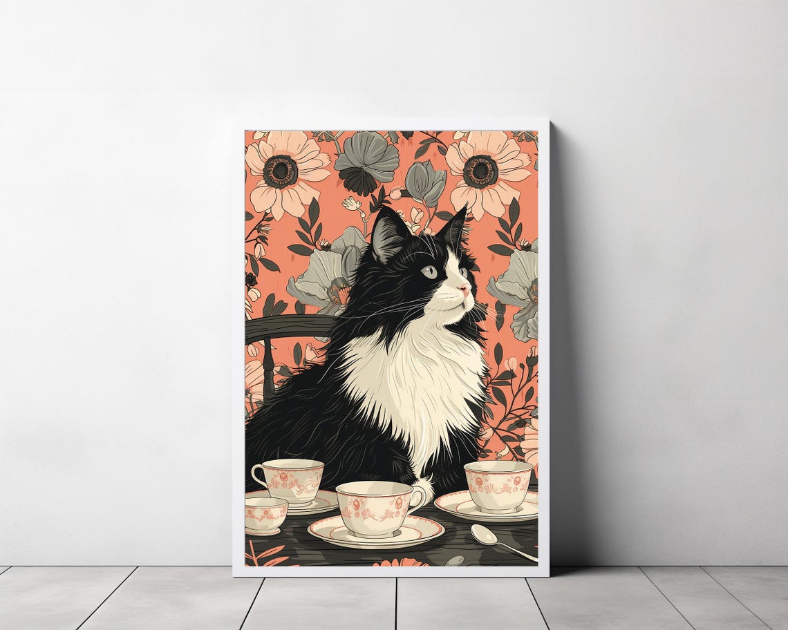 Elegant Tuxedo Cat With Teacups on a Dark Table Botanical Poster - Image 3