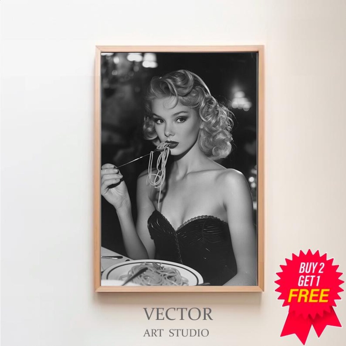 Black And White Woman Eating Spaghetti Vintage Italian Photo Poster