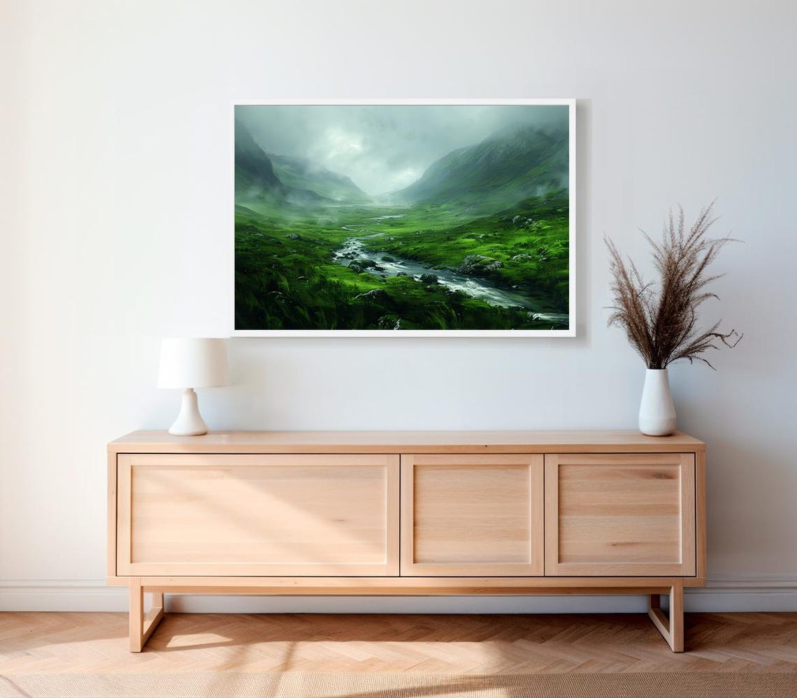 Misty Emerald Green Glen With Winding River Ireland Art Poster - Image 2