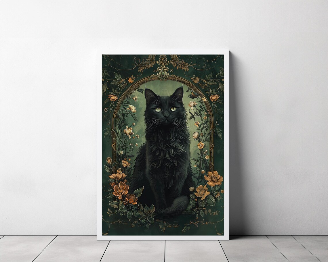Black Cat with Green Eyes in Floral Arch Vintage Botanical Poster - Image 3