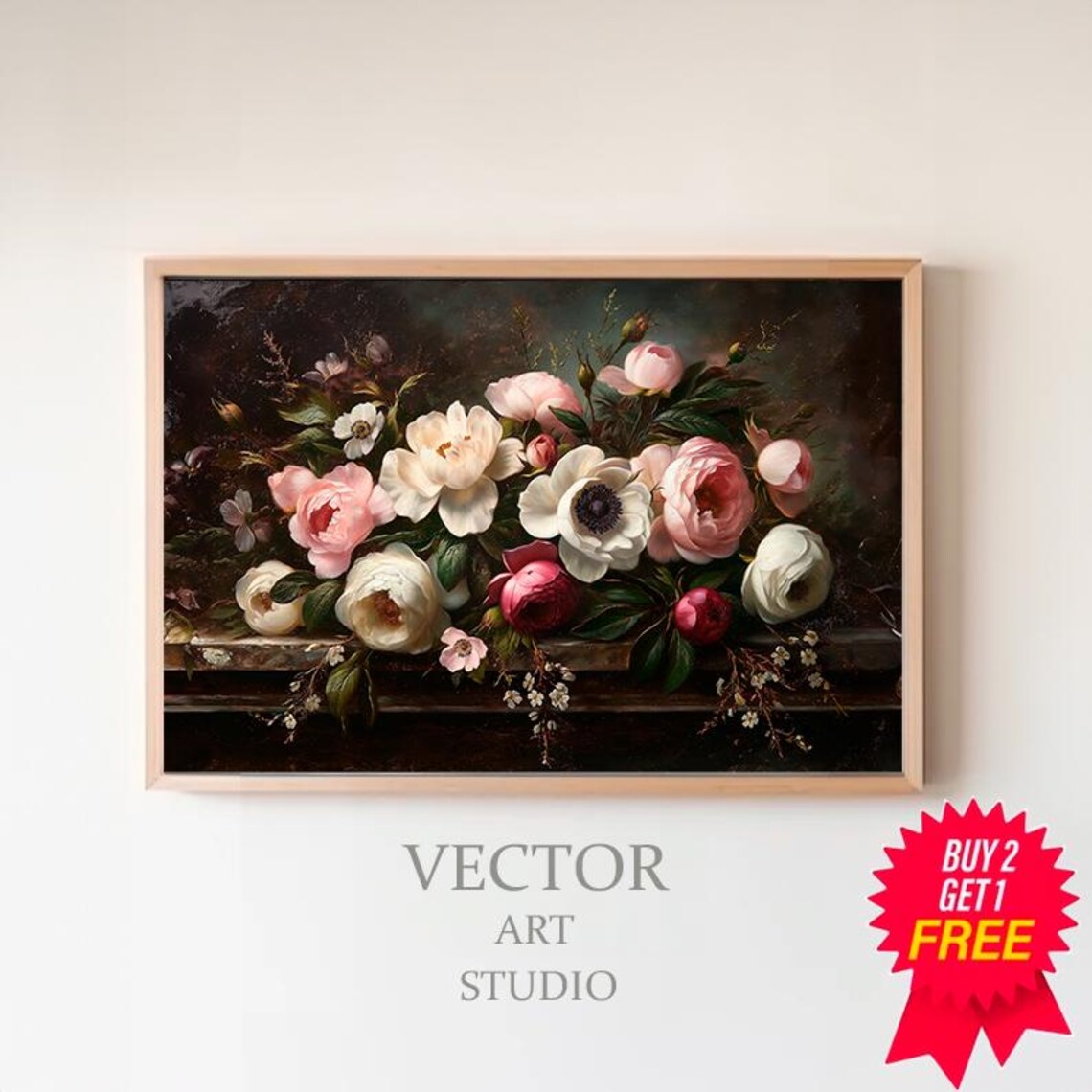 Moody Dark Floral Still Life Roses on Stone Ledge Vintage Poster