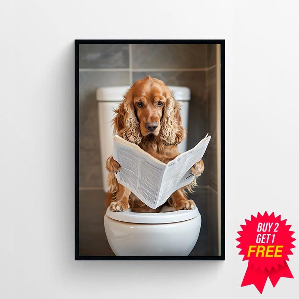 Cocker Spaniel Reading Newspaper on the Toilet Funny Bathroom Poster - Image 4