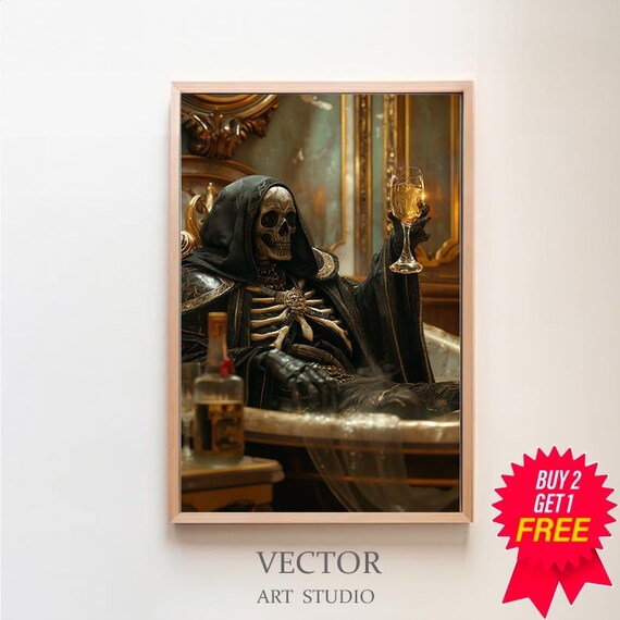 Grim Reaper In Bath Raising Champagne Glass Gothic Humor Poster