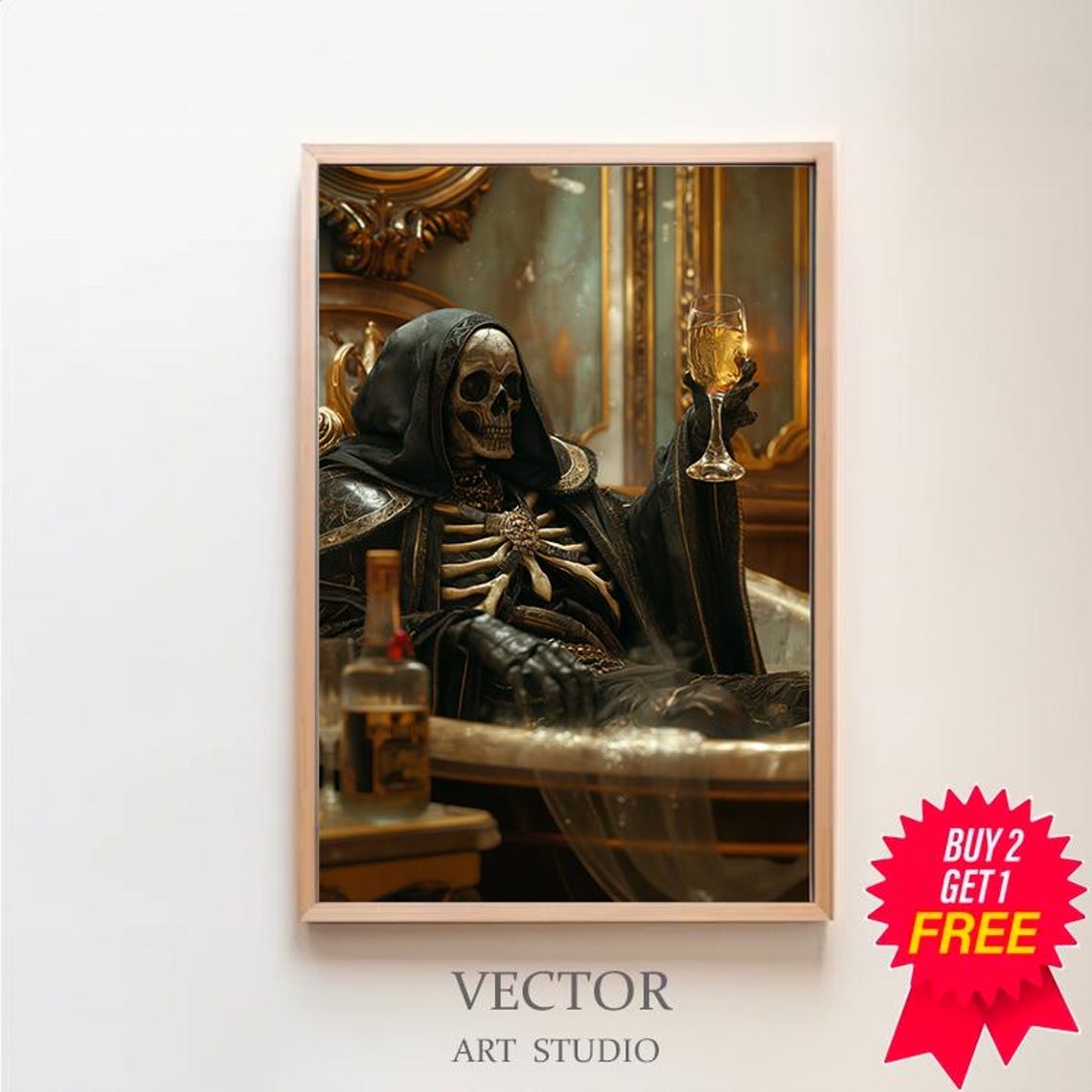 Grim Reaper In Bath Raising Champagne Glass Gothic Humor Poster