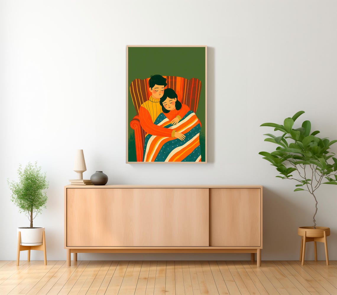 Cozy Couple Embrace Striped Blanket Armchair Illustration Poster - Image 2
