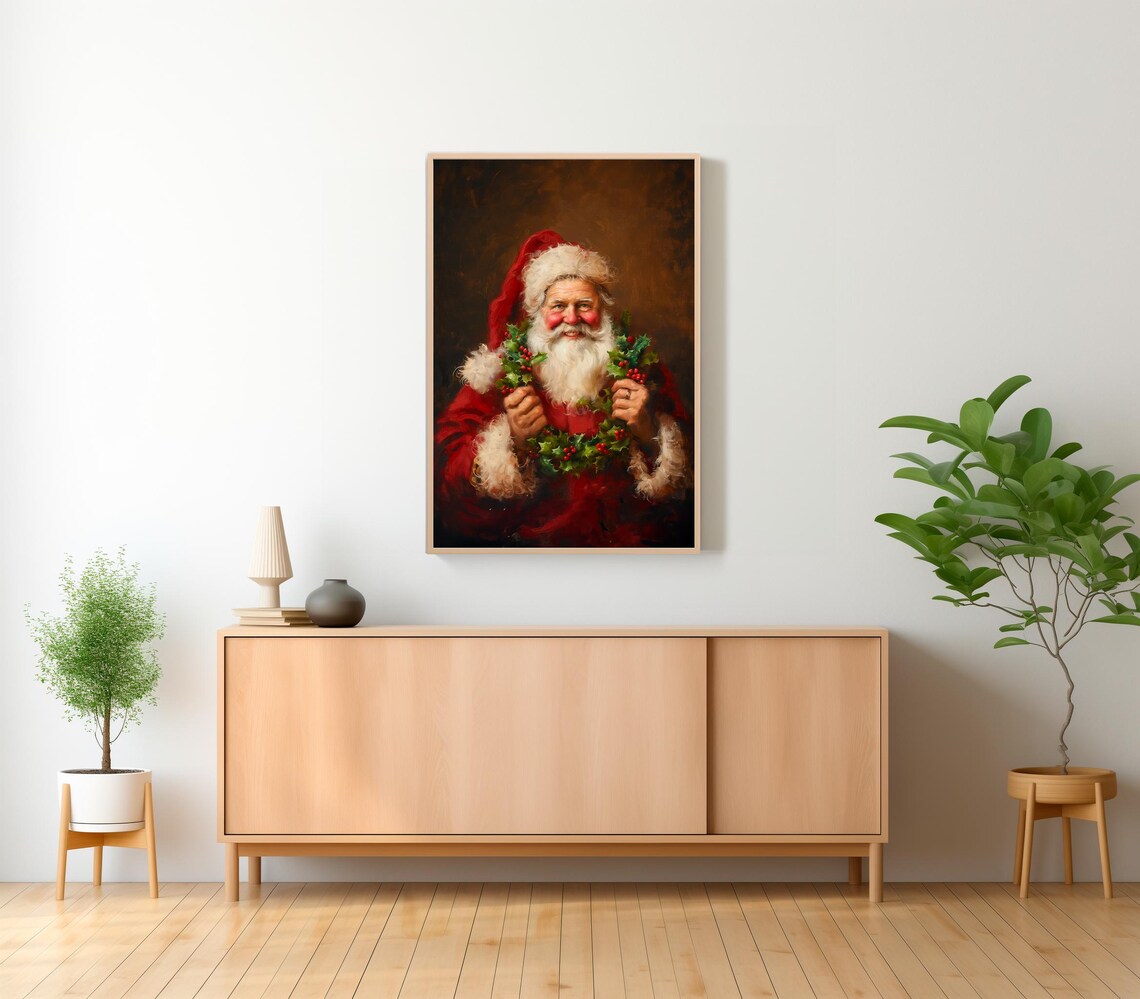 Vintage Santa Holding Holly Wreath Christmas Oil Painting Poster - Image 2