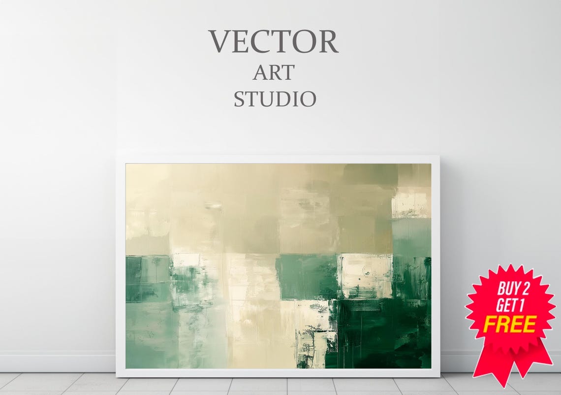 Rustic Green Abstract Winter Frame Tv Art Beige Contemporary Tv Art Geometric Minimalist Modern Oil Painting - Image 3