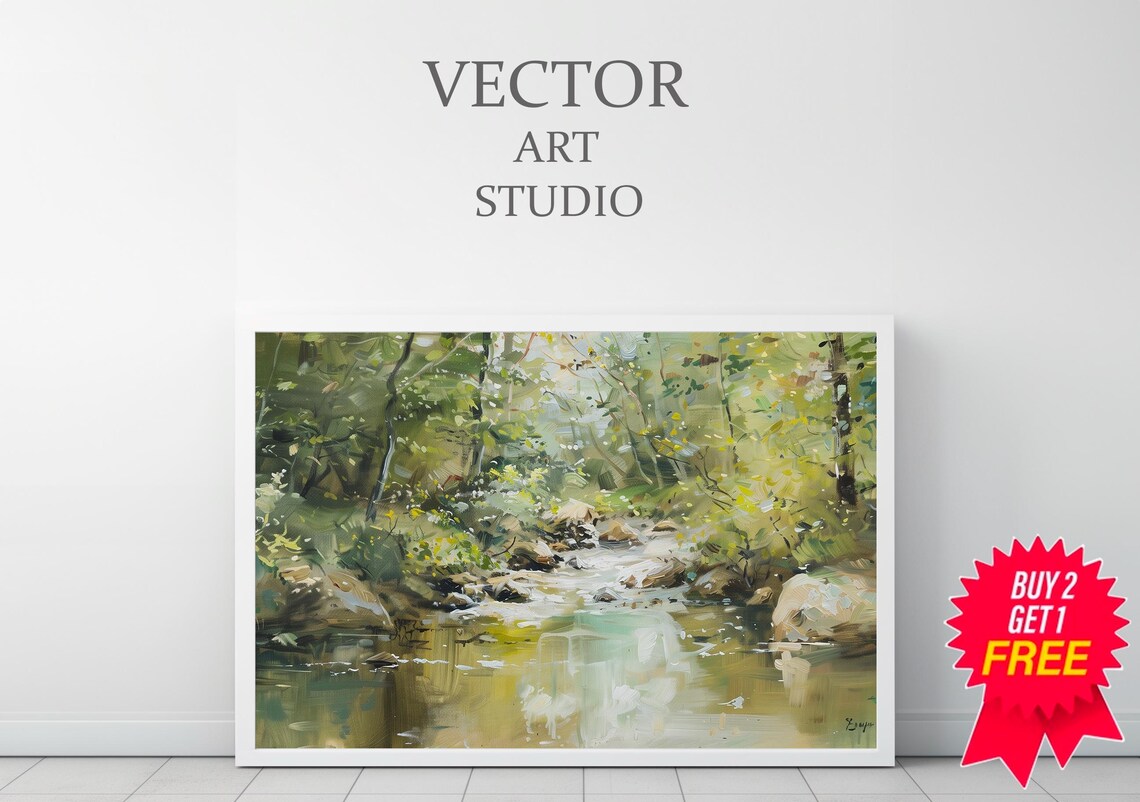 Tranquil Woodland Creek Calm Green Water Dappled Light Painting Poster - Image 3
