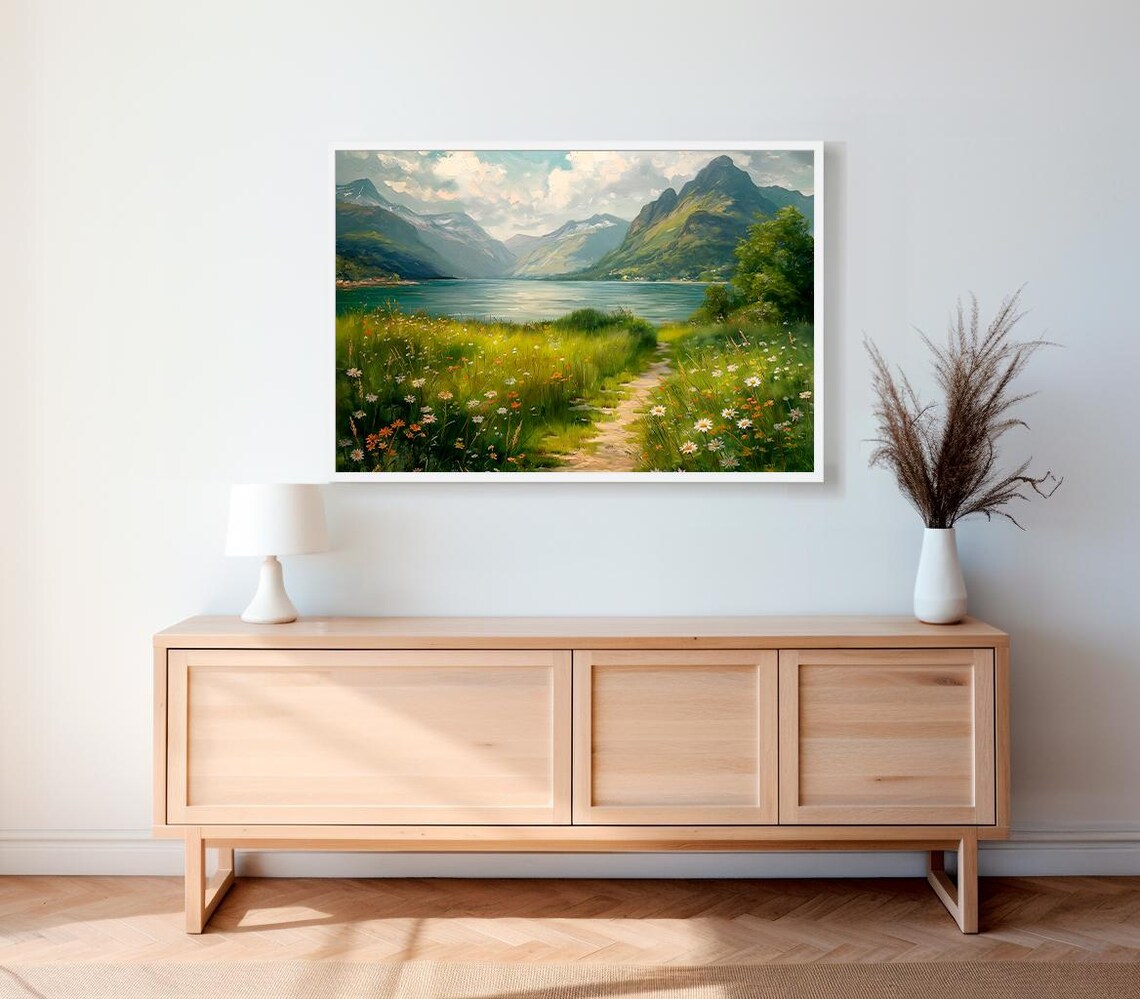 Mountain Lake Wildflower Meadow Path Vintage Summer Landscape Poster - Image 2