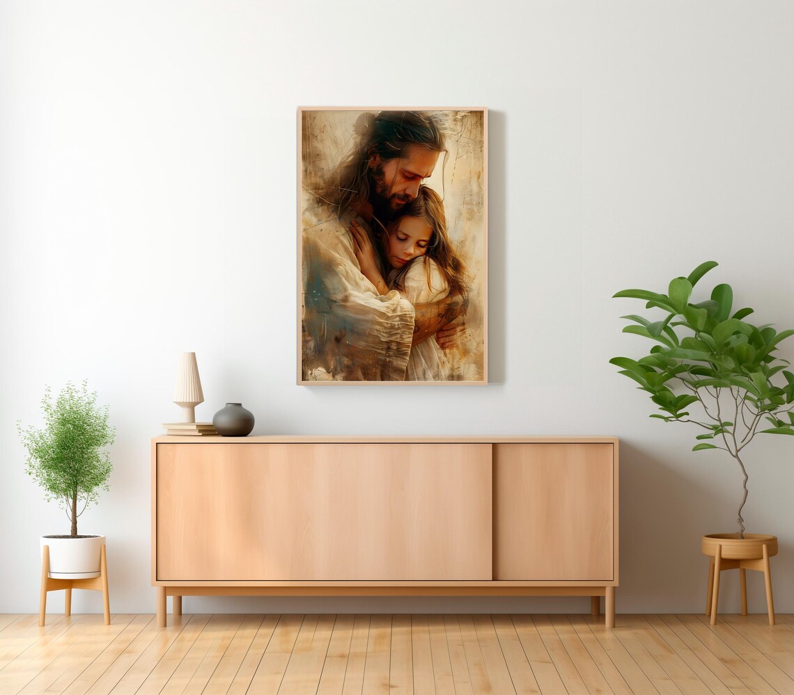 Jesus Embracing a Young Girl Comforting Christian Art Poster - Image 2
