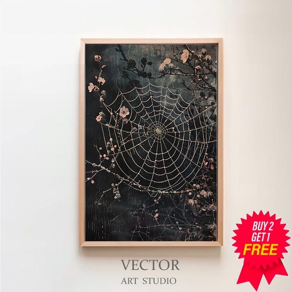 Spider Web Dark Forest Core Dark Cottagecore Academia Botanical Floral Wall Art Decor Moody Vintage Oil Painting